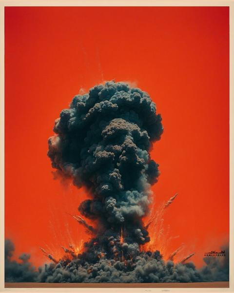 Cartoon showing an explosion with a large smoke cloud rising into the air. The smoke is shaped like an anguished head of Iran's supreme leader Ali Khamenei.