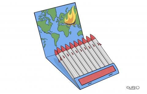 Cartoon showing a flip-open matchbox  The matches are missiles, while the inside of the flag, close to the missiles, shows a map of the world on fire in the Middle East.