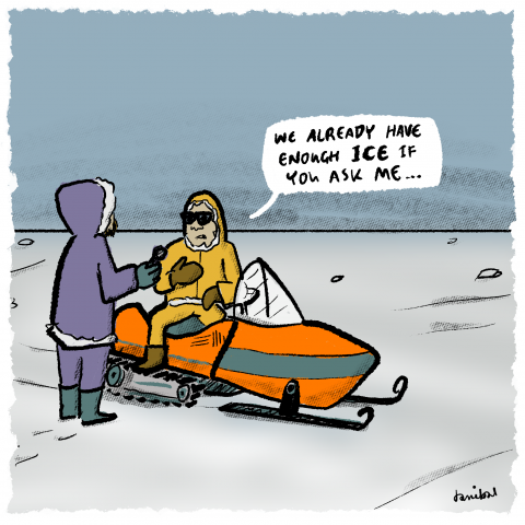 An Inuit being interviewed one a snow mobile in a snow landscape. “We already have enough ICE if you ask me…”