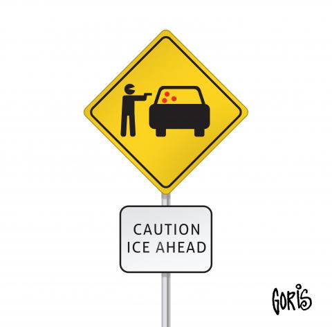 Cartoon showing a yellow road warning sign with a car, a person with a gun, and three red dots on the car window representing gun shots on it. A text sign blow reads "Caution. ICE ahead'