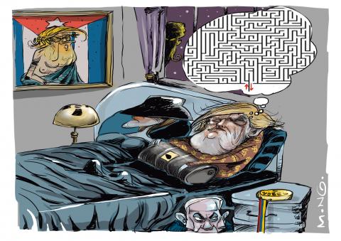 Cartoon showing Donald Trump lying in bed next to Melania, unable to sleep. A thought bubble above his head shows a labyrinth, while he is clutching an oil drum in his arms like a teddy bear. Netanyahu is hiding like a monster under the bed, while Khamenei is a menacing presence outside the window. On the wall is a picture of Trump as the king of Cuba.