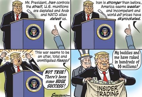 Trump is asked about his failures in his war with Iran, but finds success in profiteering.