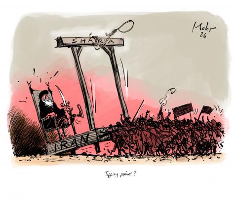 Beleaguered ayatollah on his throne with Sharia gallows.