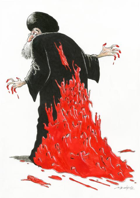 Cartoon showing Iranian leader Khamenei walking and looking back at a large bloodstain crawling up his back which is made up of the (activist) women that died under his rule.