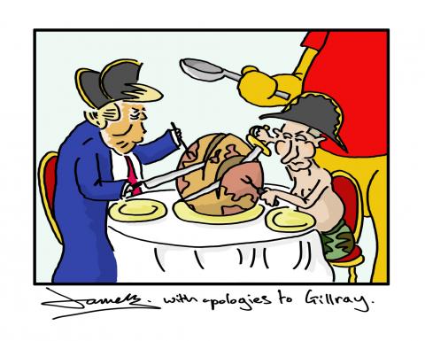 Parody of Gillray's 'plumb pudding in danger'