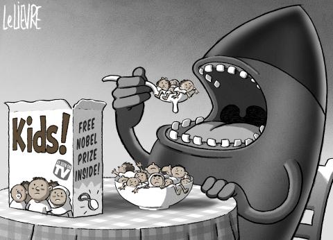  A cartoon shows a missile-shaped figure eating a bowl of cereal with crying children instead of cereal pieces. The cereal box reads “Kids! Free Nobel Prize inside!” and features sad children’s faces. 