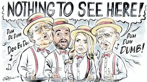 A smiling barbershop quartet sings in tight four-part harmony as they cheerfully outline the erosion of civil liberties. They told you up front: habeas corpus will be lifted, due process is over, tariffs are your burden, and ignorance is their strategy. They harmonize the heist with pitch-perfect cheer, dismantling your rights one chord at a time. You can’t say you weren’t warned — it’s all in the lyrics. And yet, as they croon through the collapse of democratic norms, the crowd keeps snapping along. After 
