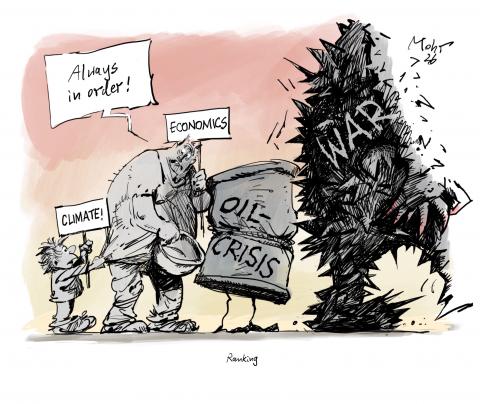 Cartoon showing a line of figures, standing from big to small. A large figure with spikes labeled ‘war’ stands in front, follow by a an oil drum with arms and legs; behind that stands a disheveled man in tattered clothing who is holding up a sign labeled ‘economics’. A small kid with a sign that reads ‘climate’ is pulling on his jacket; he looks over his shoulder and says: ‘Always in order!’. The caption of the cartoon reads ‘Ranking’.