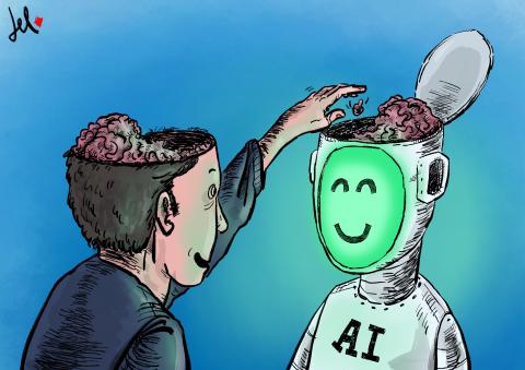 a cartoon about ai and the transfer of knowledge between mankind and machines