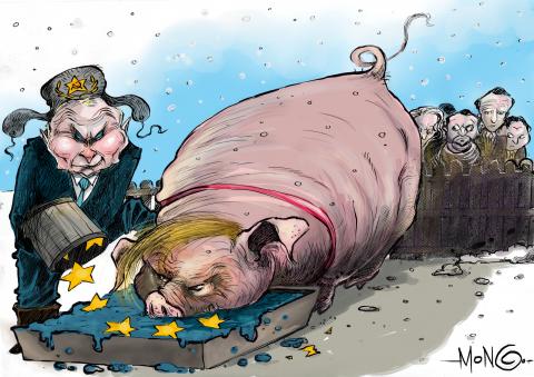 Cartoon showing Donald Trump as a giant pig eating from a trough.  Putin is filling the trough with the yellow stars of the flag of the EU, while Zelensky and other European leaders look on from behind a wooden fence.