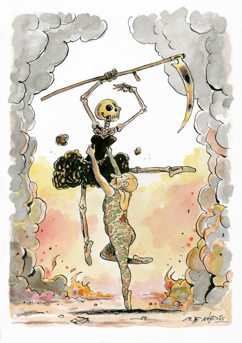 Cartoon showing Putin as a dancer lifting the Grim Reaper, who is dressed as a ballerina with a tutu made of black smoke, amidst ruined buildings.
