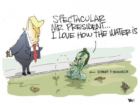 Cartoon showing Trump standing on the side of the Lincoln Memorial reflecting pool looking at Robert F. Kennedy Jr. bathing in the green, scummy water. Kennedy Jr. says: 'Spectacular, Mr. President, I love how the water is'