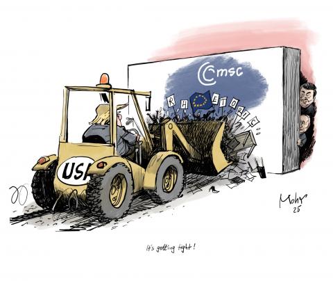 Trump driving an excavator, pressing Europe rhetoricians against a wall.