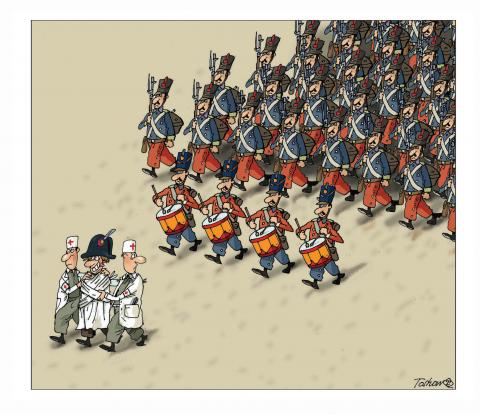 Cartoon showing a Napoleon-like leader walking in a straitjacket with a maniacal grin on his face, accompanied by two male nurses, and followed by a large army of soldiers. The front soldiers are beating war drums, while one of the male nurses is looking back surprised.