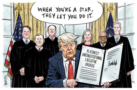 Trump holding executive order with conservative justices in the background