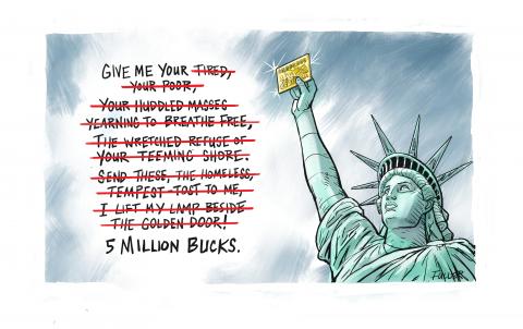 Statue of Liberty with gold card and  Emma Lazarus poem