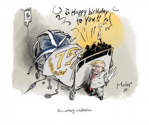 NATO, like a patient in a sickbed, celebrating its 75th birthday, Trump at the foot of the bed.