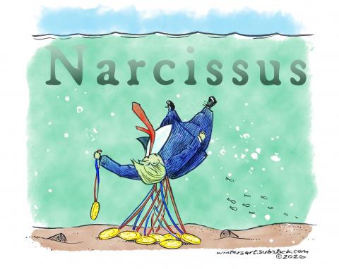 Cartoon showing the body of Donald Trump floating underwater, weighed down by the many golden medals he is wearing. The caption of the cartoon reads: 'Narcissus'