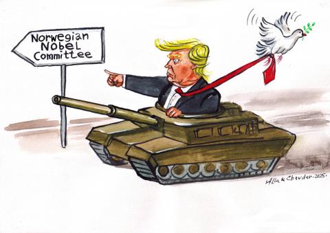 Trump goes to Norway with a tank to ask for the Nobel Peace Prize.