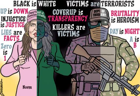 Black is white, up is down, and victims are terrorists in the world of Kristi Noem and the ICE thugs under her command