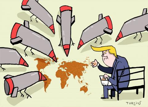 Cartoon showing Donald Trump sitting in a park bench feeding birds. The birds are shaped as giant missiles, while the bird seed he is throwing on the ground takes the shape of the world map.