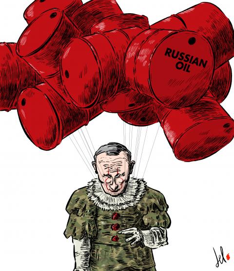 cartoon by emanuele del rosso about russian oil and west and putin