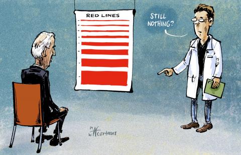 Cartoon showing president Biden at the eye doctor. He is watching a chart with red lines, going from thin to very thick. The eye doctor is posting at the thickest red line, asking: 'still nothing?'