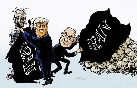 Cartoon showing Trump and Netayahu. Trump is covering up the corpse of Epstein with a large black cloth with the word 'Iran' on it, while Netanyahu is covering up a pile of skulls and bones, with with another large black cloth with the word 'Iran' on it.
