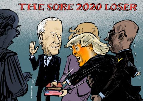 Trump trying to touch the bible at Biden's inauguration