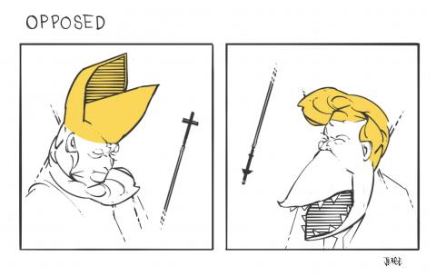 Cartoon with two panels. In the first panel, we see the pope wearing a mitre, with a cross in the background. In the second panel, we see the same shape upside down, forming Donald Trump with his mouth a large beak that is open. The cross in the background is also upside down, now being a missile that is falling towards the ground.