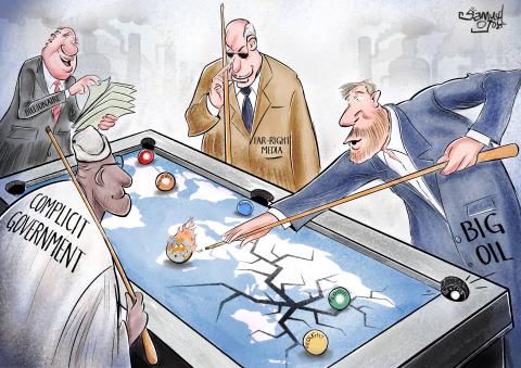 Three men labeled 'Big Oil', 'Far-Right Media', and 'Complicit Government' play pool on a table shaped like Earth, with balls resembling the planet on fire, drought and floods. Cracks are spreading across the continents. 