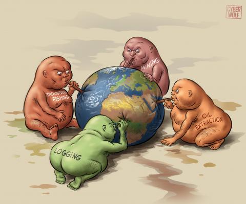 Cartoon showing naked, fat, troll-like creatures labeled ‘logging’, ‘industrial fishing’, ‘oil extraction’ and ‘mining’ sitting on the ground in a circle around the earth, using straws to suck the earth dry in various places.