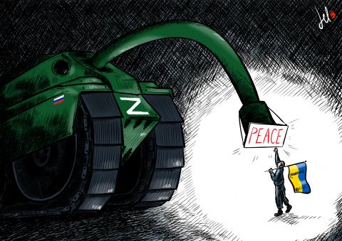 cartoon by emanuele del rosso about russia and ukraine and peace