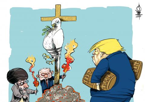A dove with an olive branch is tied to a cross. Khamenei and Netanyahu stand ready with torches, while Trump enters the scene carrying two kegs of TNT under his arms.