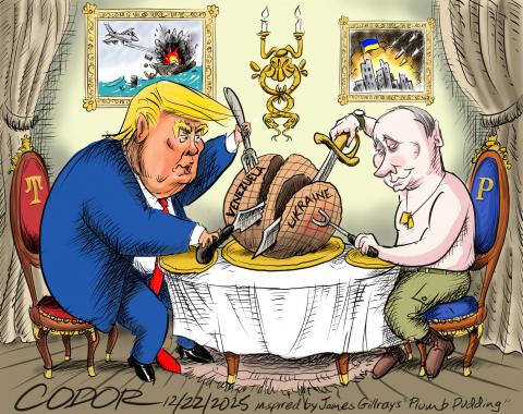 Trump and Putin carving up the world, inspired by James Gillray's "Plumb Pudding".