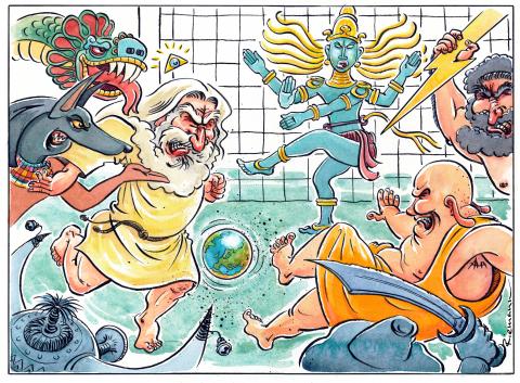 Religions playing soccer with planet earth.