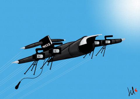 cartoon by emanuele del rosso about media and conflict