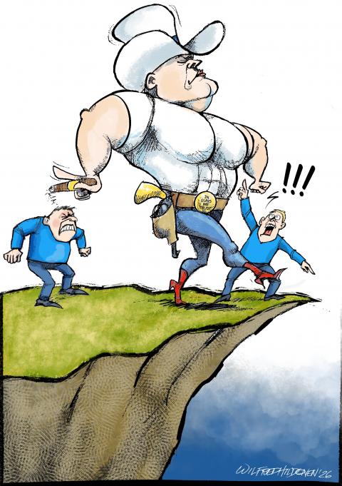 A huge American with a huge Stetson walks towards the edge of a cliff, ignoring warnings