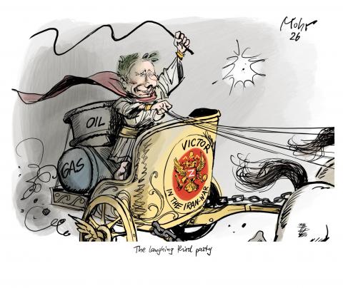 Putin on a chariot with oil- and gas-barrels in the Iran-war