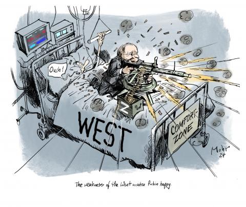 On the sickbed of the West, Putin fires his machine gun in circles.