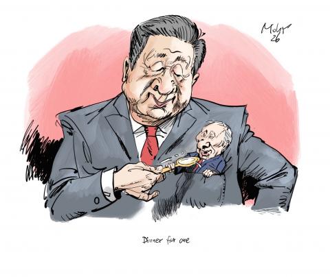 Xi Jinping feeds the Russian guest in his vest-pocket.