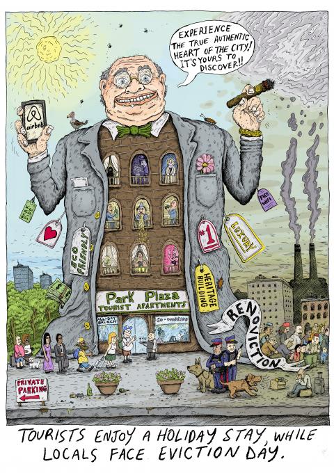 A cartoon portraying the damaging effects of tourist apartments for locals. 