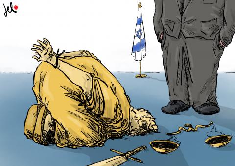 a cartoon about lady justice and israel by emanuele del rosso