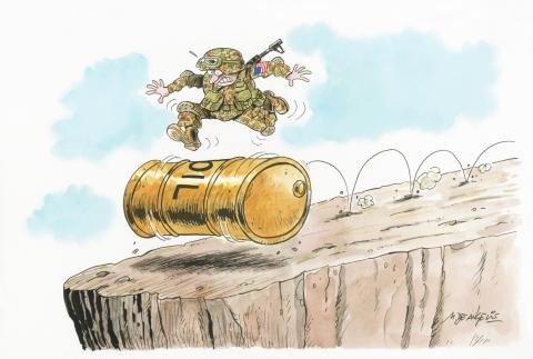 Cartoon showing a US soldier running to keep his balance on a oil drum that is rolling towards the edge of a cliff.