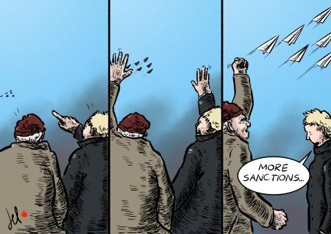 cartoon by emanuele del rosso about russia and ukraine and putin and sanctions