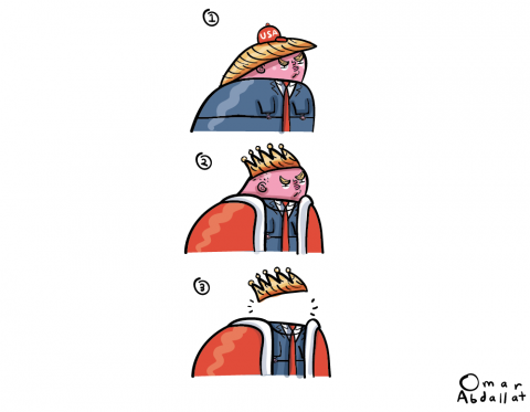 Cartoon consisting of three images, first showing Trump with a MAGA hat, then Trump with a crown and mantle, then just the crown and mantle: Trump has disappeared.