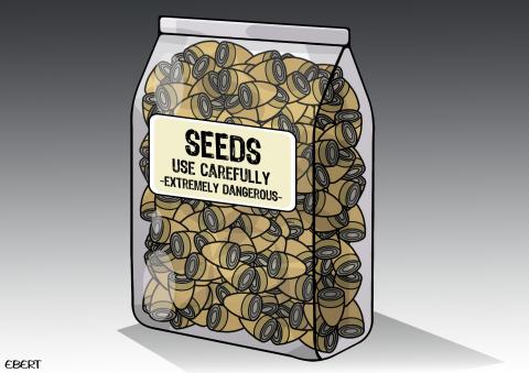 Cartoon showing a bag of bullets labeled 'Seeds - use carefully - extremely dangerous'