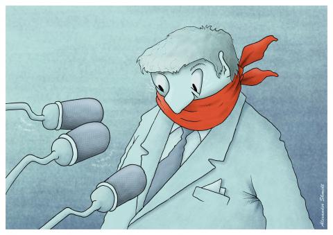 A man stands in front of microphones. But the man's mouth is tied.