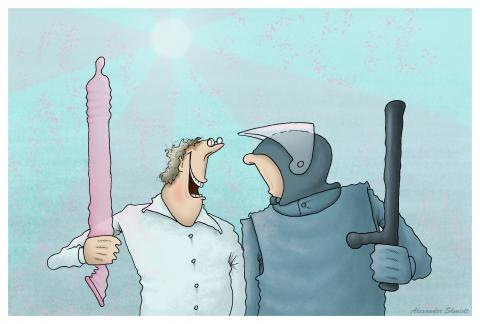 A police officer holds a baton upright (symbol of police power), a man holds a condom upright (symbol of male power).