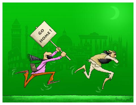 European Muslims do not want an influx of refugees from Afghanistan to Europe. One person with a transport "Go home!" flees to an Afghan refugee.